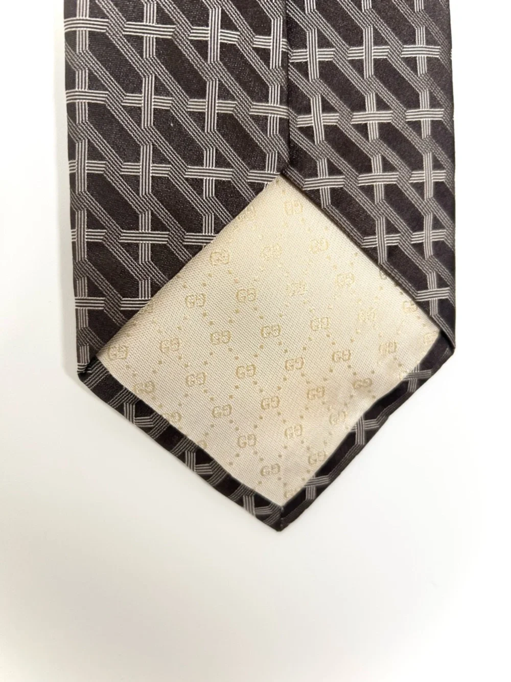 Vintage Gucci Tie Silk Brown Geometric Print Made‎ in Italy Wide